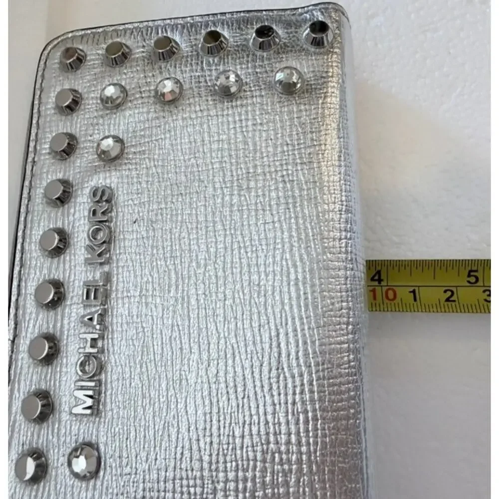 Michael Kors Jet Set Travel Silver Studded Jewel Leather Wristlet Wallet Clutch